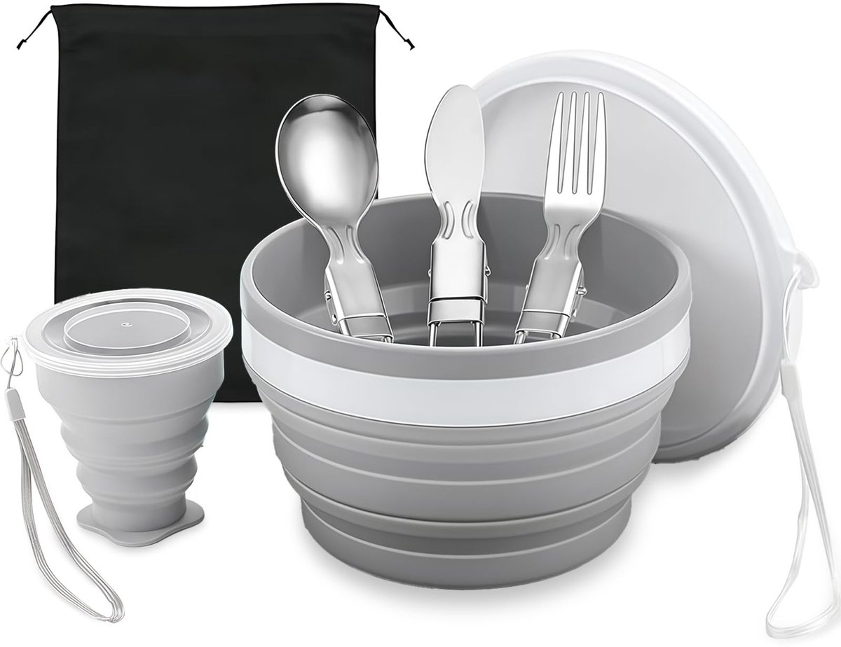 LAUZY- Campingservies 6-delig - Roestvrijstalen Bestekset - Beker - Kom - Bord - Compact en Opvouwbaar - Kampeeruitrusting