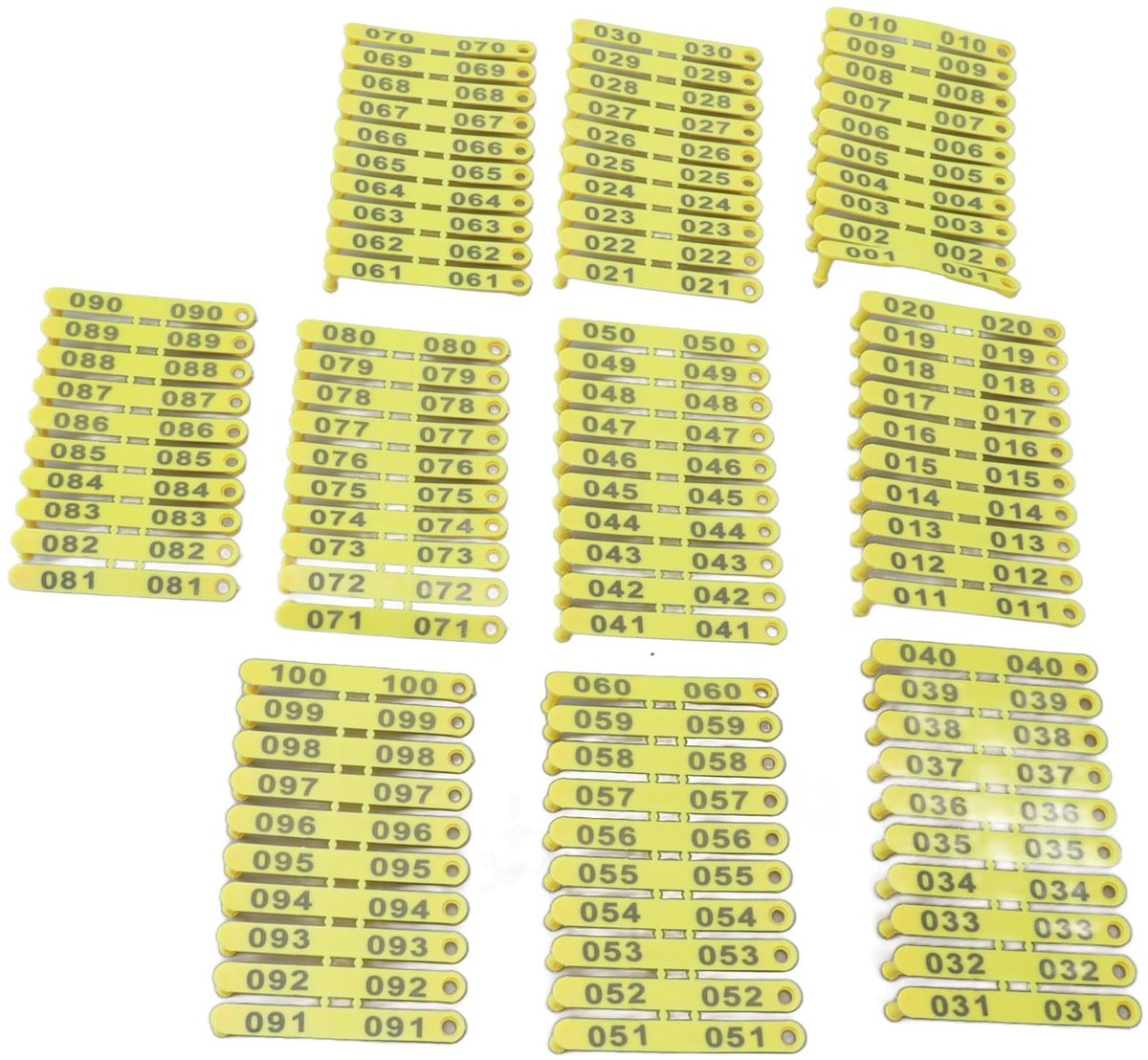 BRENZOOS- Oormerken 100 Stuks - Nummer Tags 001-100 - Dier ID Tags - Boerderij Dieren - Vouwoor Tags - Geschikt voor Lam/Geit/Schapen - Dierentags