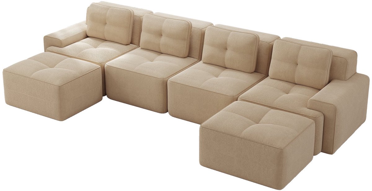 Merax U-Vormige Cloudbank 4-Zits - Beige Ribstof Bank 382 cm - Modulaire Loungebank met Dubbele Hocker - Diepe Zitting - Geen Montage Nodig