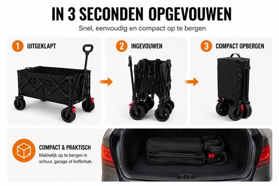 ITRONIQ Bolderkar Opvouwbaar 200L - Bolderkar Met Grote Wielen - Transportkar Inklapbaar - Handkar Voor Strand, Camping & Tuin van Merkloos — afbeelding 5