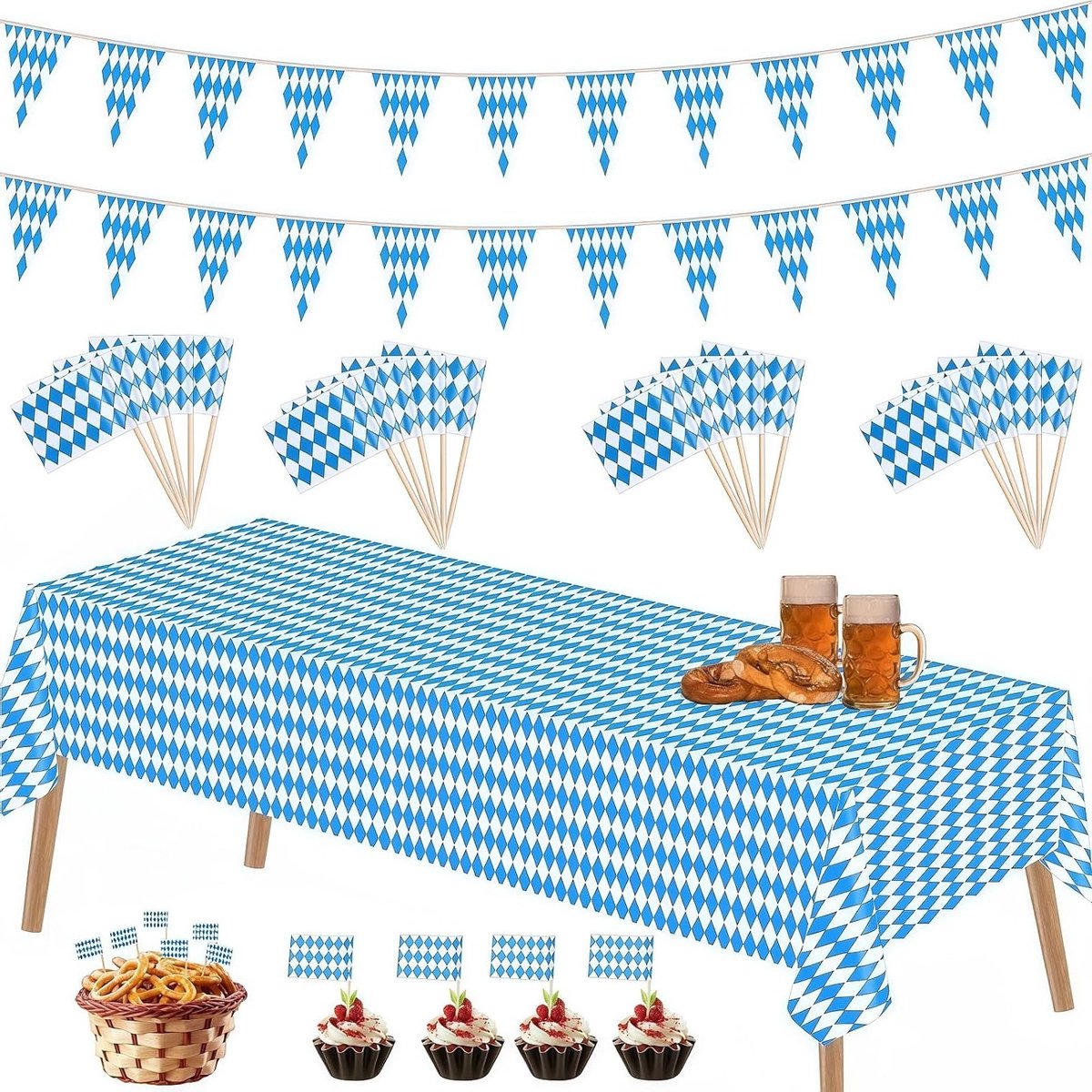 Decoratieset Oktoberfest - Oktoberfest tafelkleed, Beierse vlaggen en decoratieset voor biertenten