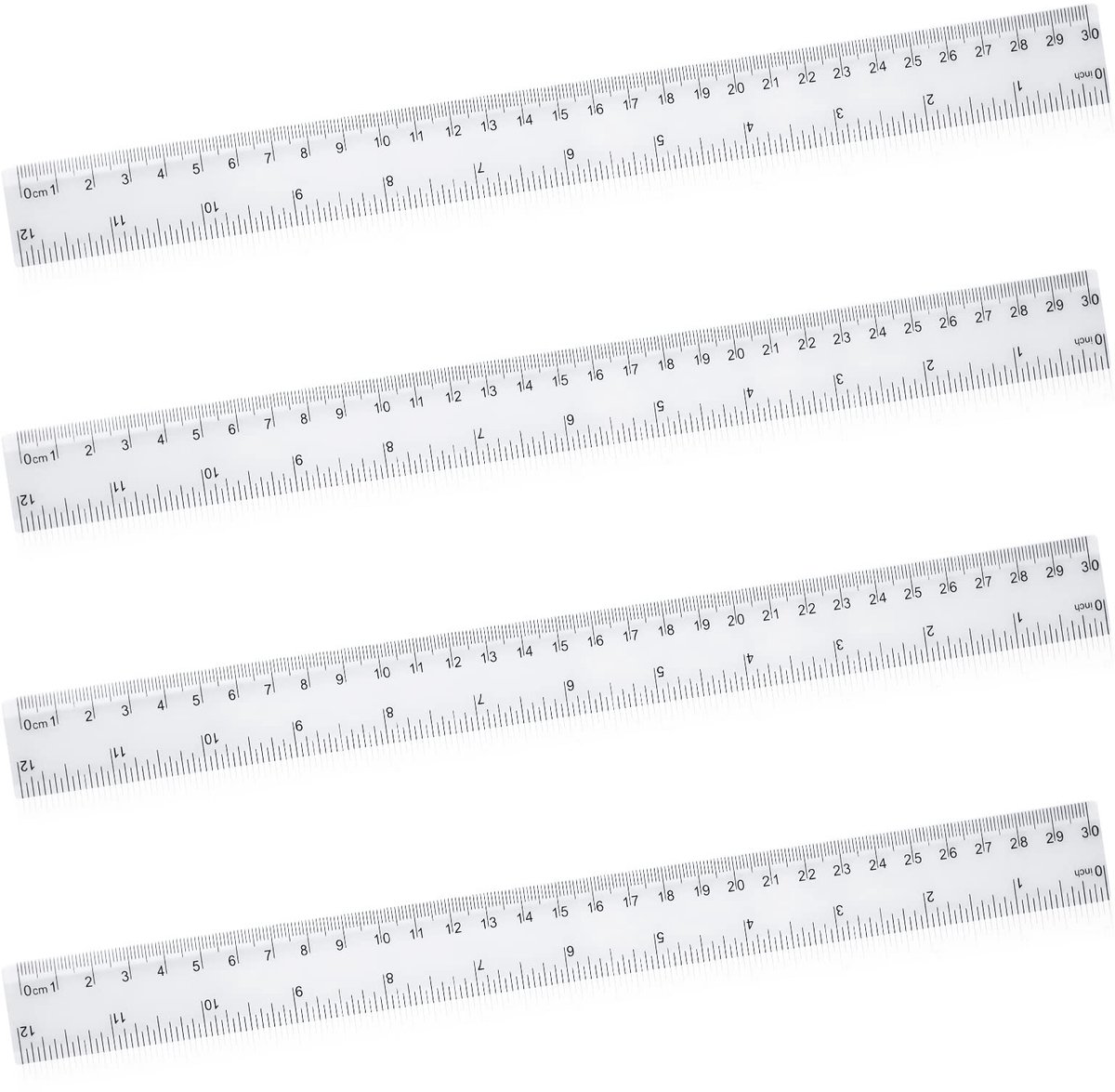 Dailygoods- Liniaal 30 cm - Multipack 4 stuks - Kunststof - Transparant - Sterk en duurzaam - Meetnauwkeurigheid 1 mm - Meetlat