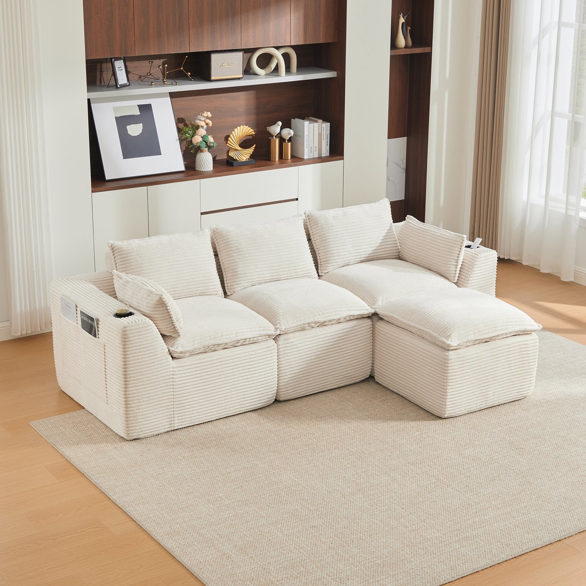 FloraGrace Hoekbank – 3-Zits Modulaire Bank Met Voetbank – Met Kussens, Bekerhouder En 2 Zijvakken – Voor Woonkamer Of Kantoor – Corduroy – Beige