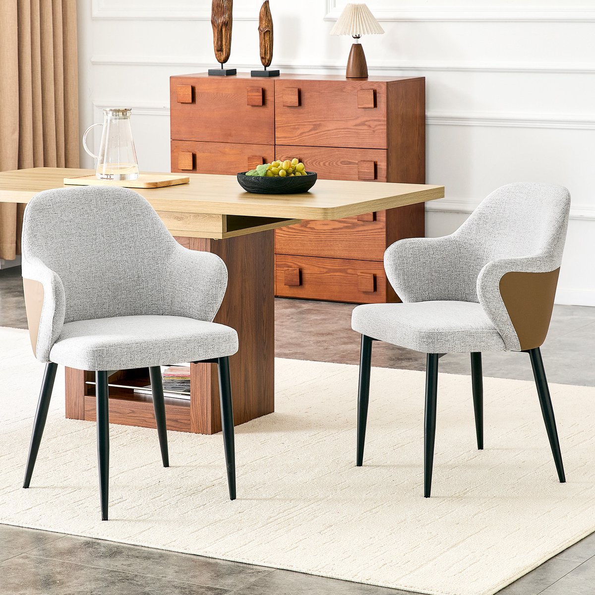 Wishdor Eetkamerstoelen Set Van 2 - Lichtgrijze Stoffen Zitting - Bruine Rugzijde - Zwarte Metalen Kruispoten - Modern Bruin+Zwart, Lichtgrijs