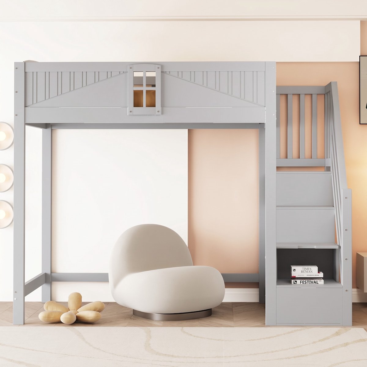 VVBV Hoogslaper 90x200 – Ladder – Massief Hout – Grijs – Multifunctioneel – Opbergruimte – Veiligheidshek – Kinder Hoogslaper Grey