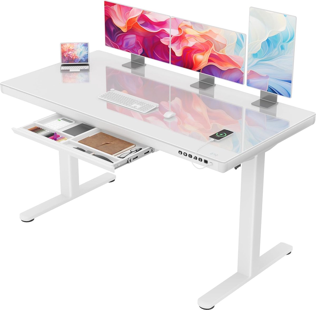 Premium Elektrisch Zit-Sta Bureau 140 x 70 cm Glazen Blad met Lade 72–118 cm Hoogteverstelling Memory Functie USB & Type-C Ergonomisch Design Gehard Glas Wit Modern