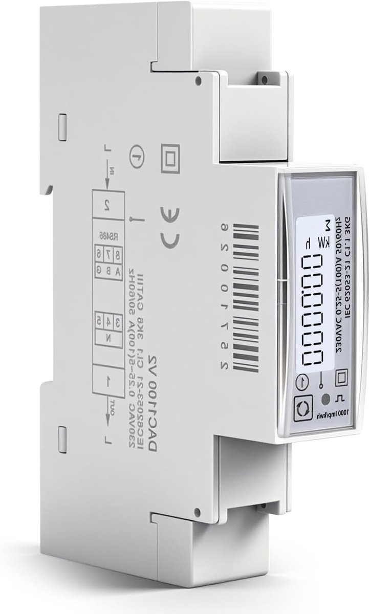 Digitale Stroommeter voor DIN Rail - 1-Fase 100A, RS485 Modbus RTU, LCD Scherm, Energieverbruik en Huidige Metingen, 230V AC, 1000 Imp/kWh Teller