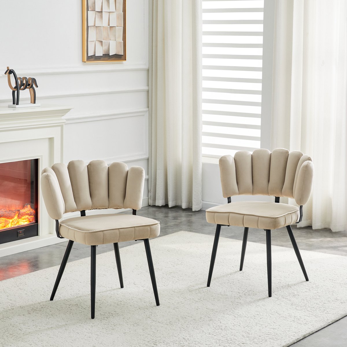 MODFU Eetkamerstoelen Set Van 2 - Waaier Rugleuning - Modern - Voor Eetkamer - Stof En Metaal - Beige En Zwart - 80 Cm Beige, Zwart
