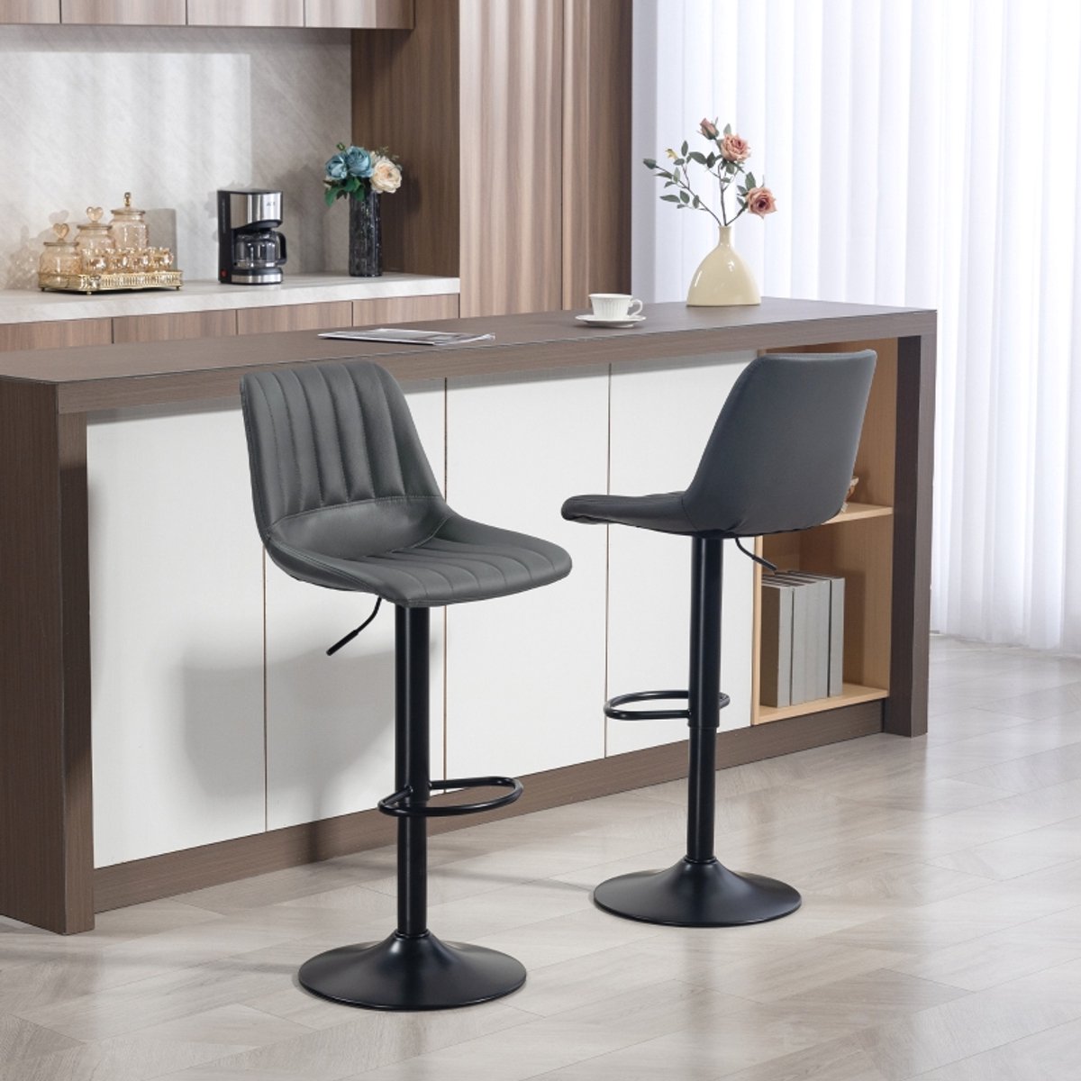 MODFU Barkrukken Set Van 2 - Verstelbaar En Draaibaar - Retro - Voor Keukeneiland - Imitatieleer - Donkergrijs