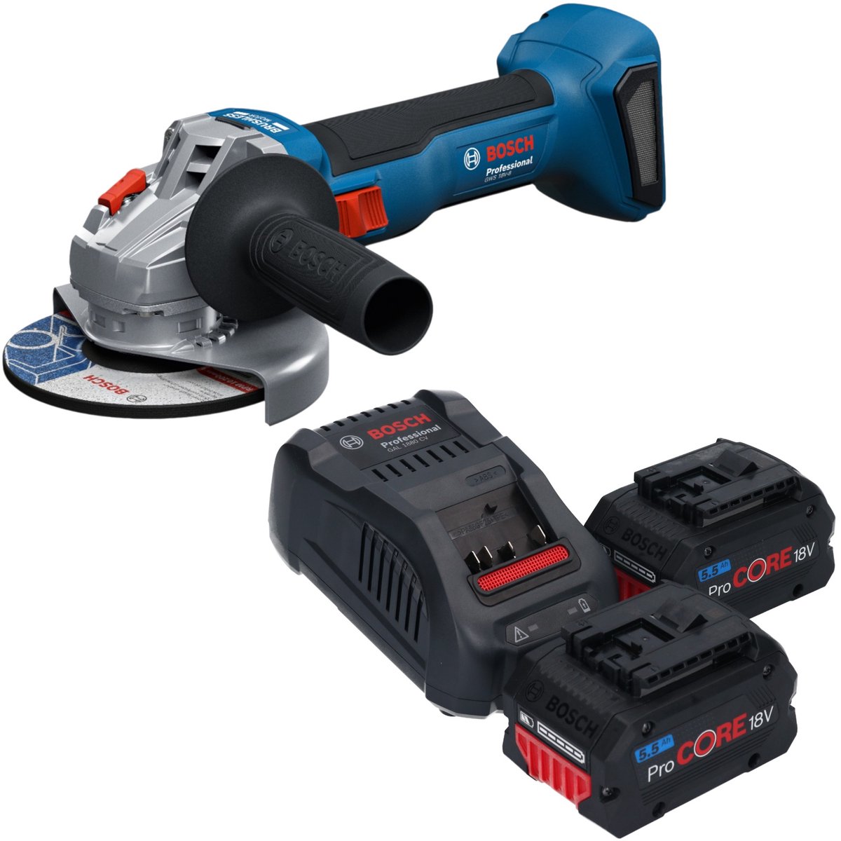 Bosch GWS 18V-8 Professional accu-haakse slijper 18 V 125 mm borstelloos + 2x ProCORE-accu 5,5 Ah + oplader