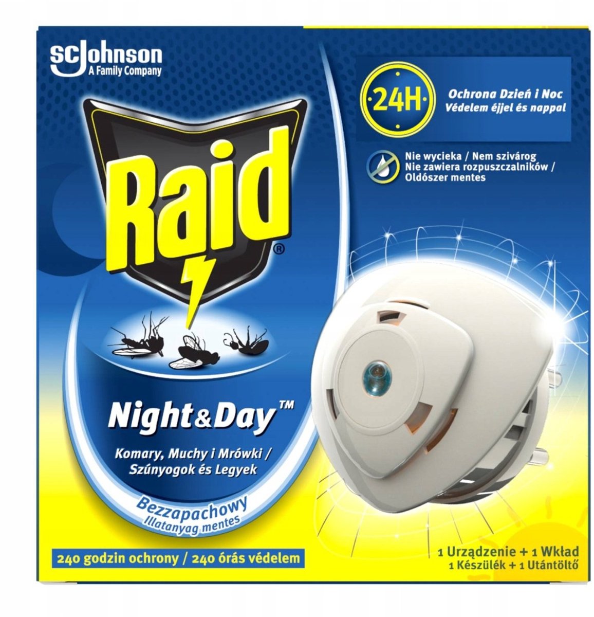 Raid Night & Day elektrische verdamper tegen muggen, vliegen en mieren + navulling (240 uur)