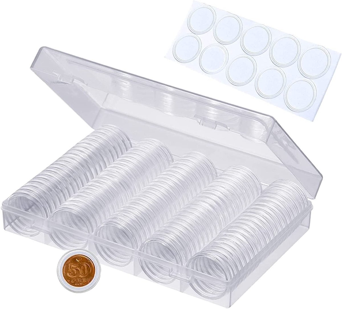 Dailygoods- Muntenhouderset 100 Muntcapsules - Opbergdoos met 5 Vakken - Transparant - Etiketten - Bescherming tegen Krassen - Muntenverzameling