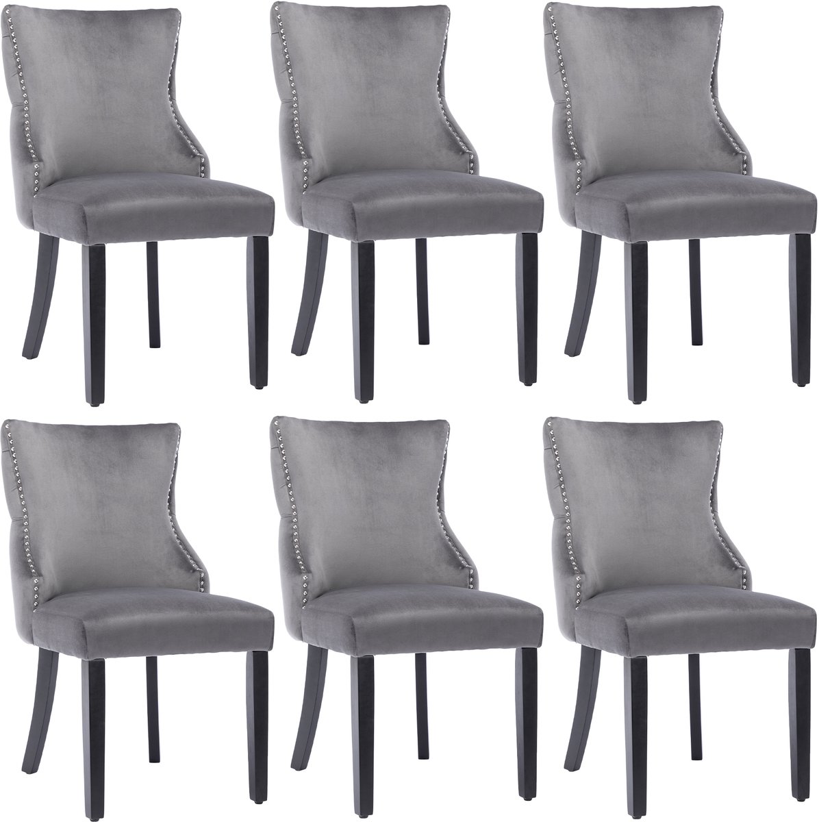 Welltin Eetkamerstoelen - Set van 6 - Eetkamerstoel - Keukenstoel - Eettafelstoel - Stoel - Fluweel - Houten Poten - Scandinavisch design - Grijs