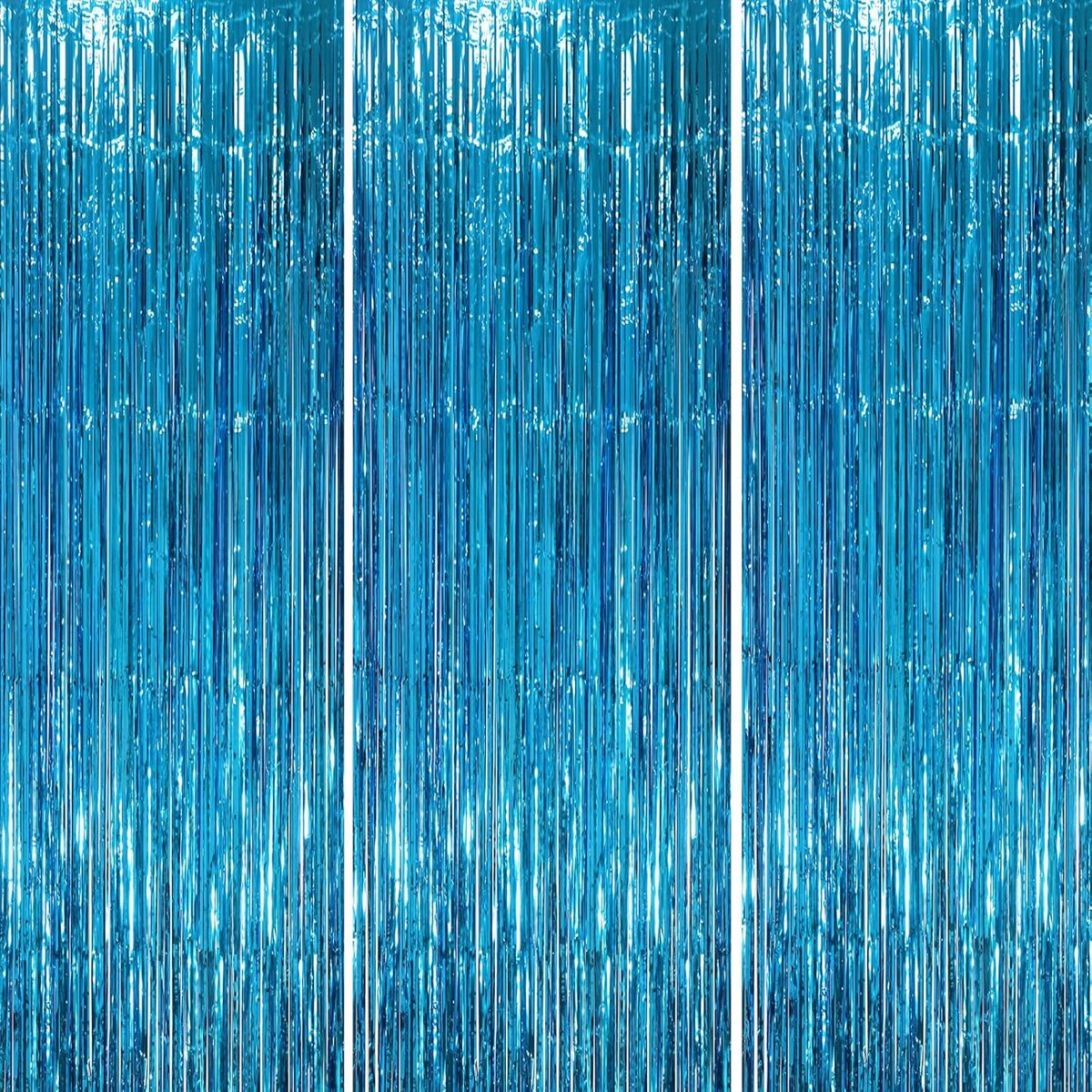 OLOEY Set van 3 blauwe foliegordijnen met franjes(1 x 2 m)-Metallic achtergronden van slingers voor oudejaarsavond-diploma-uitreikingen-verjaardagen-babyshowers en disco-themafeesten
