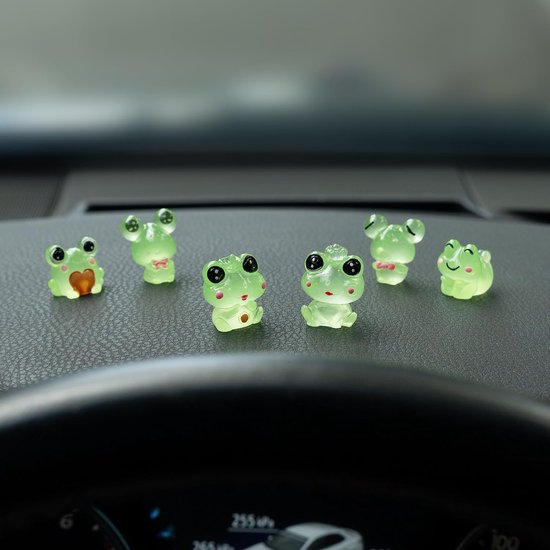 Glow-in-the-dark kikkerdecoraties voor het autodashboard – 6-delige set met leuke kikkerornamenten voor het dashboard, hangdecoraties voor de binnenspiegel en interieuraccessoires