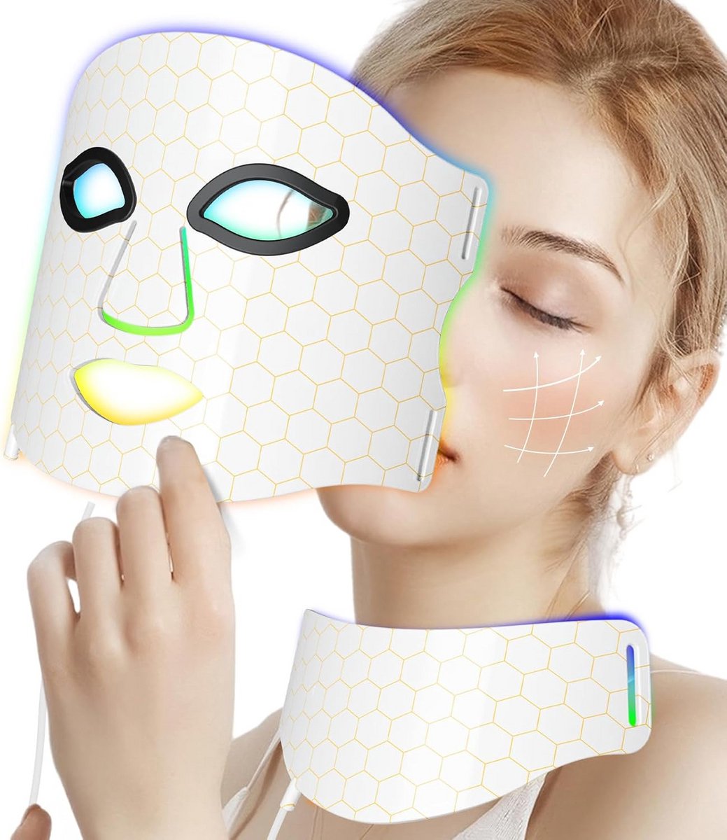 LED Gezichtsmasker - Hals Masker - Huidverjonging Thuis - 7 Kleuren Modus - 103 LED Parels - Wit