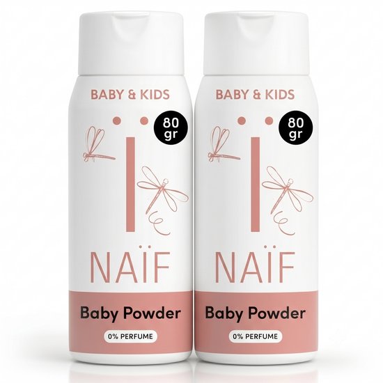 Twee flacons Naïf babypoeder 80 gr, 0% parfum.