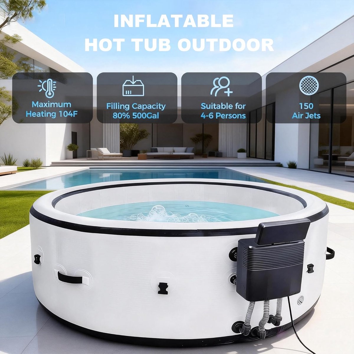 Opblaasbare Whirlpool 4-7 Personen XXL – 180 AirJets Massage Jacuzzi met LED Verlichting – 20-40°C Verwarming – EnergySense Isolatie Afdekking – Opblaasbare Spa voor Tuin, Terras & Buiten – House&Garden Aurora Elite Wellness Spa