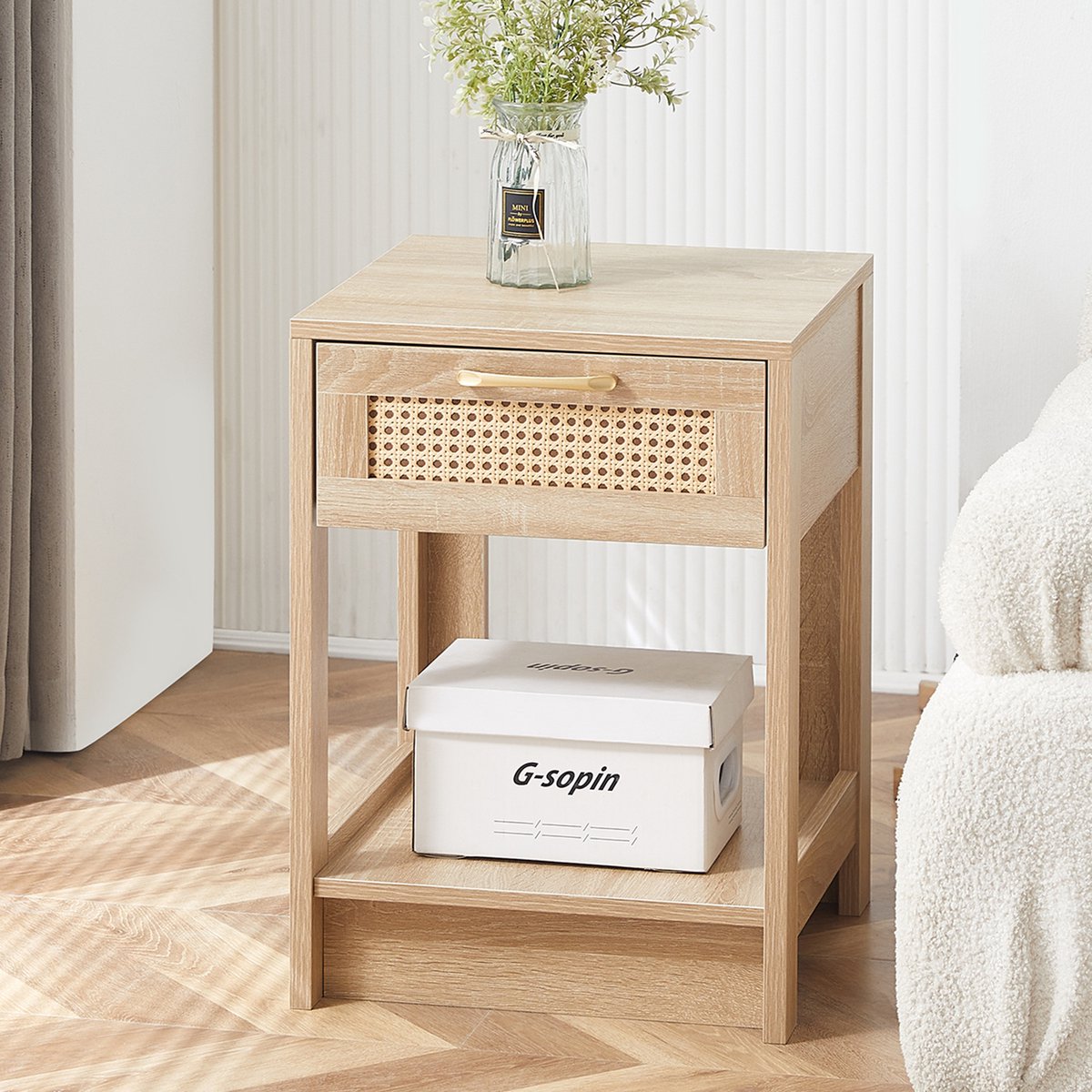 Rattan Nachtkastje Met Lade - Bijzettafel Houtlook - Natuurlijk - Opbergruimte