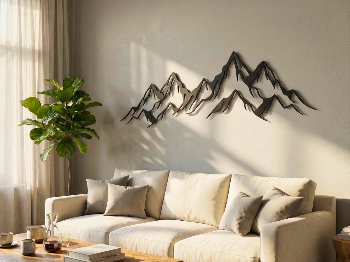 Wanddecoratie Bergen, Houten Wandbeeld, 3D Wanddecoratie voor Thuis, Moderne Beelden voor Huis Kantoor Slaapkamer, Woonkamer en Keuken - 180x51 cm