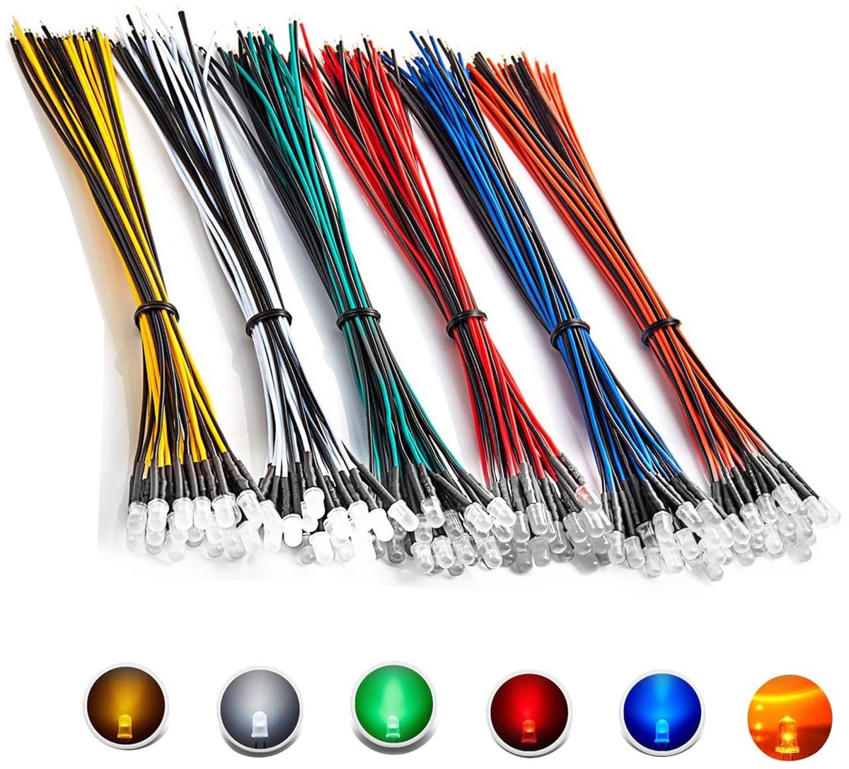90 Stuks 12V Voorbedrade Transparante LED Diodes Assortiment, 3 mm Ronde Kop, Set van 6 Kleuren voor Decoratie en Verlichting