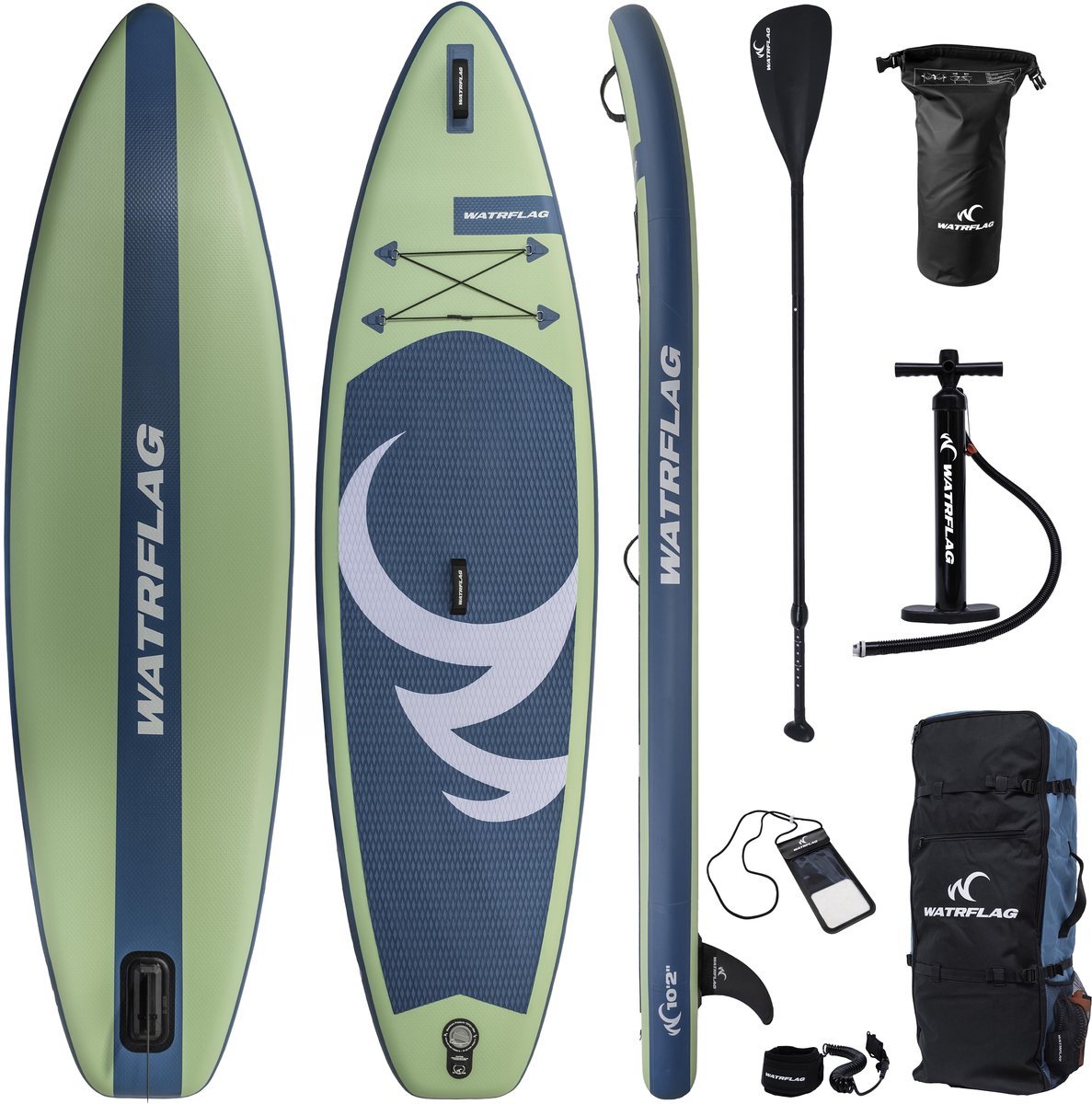 Watrflag Spinner Green SUP Board 10'2'' Set - 310 cm - Allround Opblaasbaar Stand Up Paddle Board met peddel, pomp, luxe rugzak 310