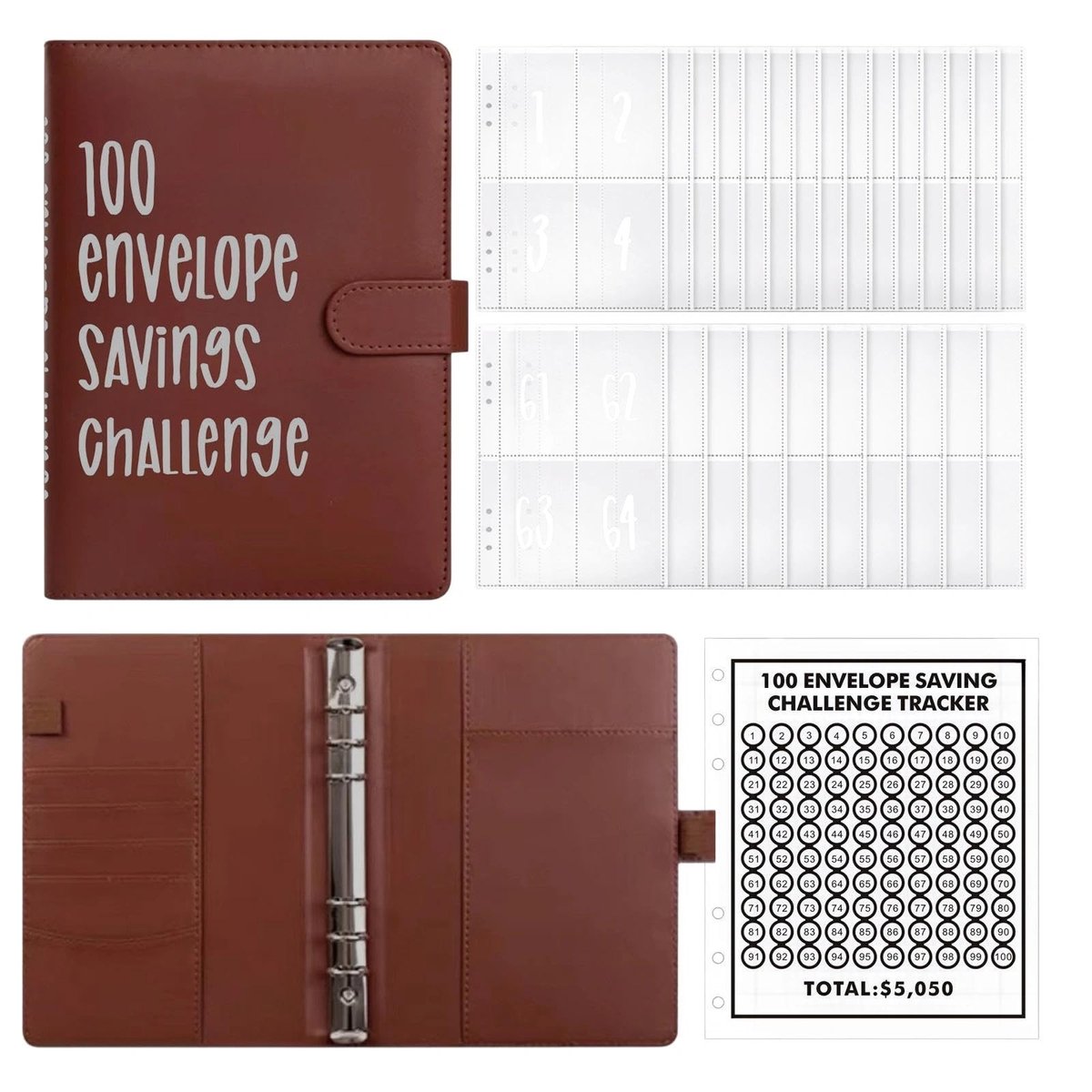 SOUQONE- Spaarboek - Hoogwaardig kunstleer - 100 Enveloppen - Budgetplanner - Geldbesparende map - Waterdicht - Flexibel ontwerp - Budgetboek