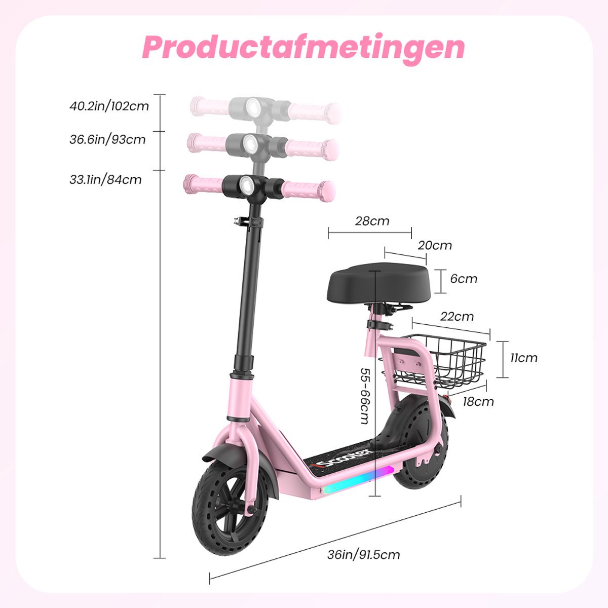 iScooter iK7 Elektrische Step Kinderen - 2‑in‑1 - 8 tot 14 jaar - App - Bluetooth muziek - RGB verlichting - 250W - 10/15/20 km/u - Bereik 15 km - 8,5" Wielen - Roze thumbnail 3