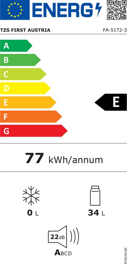 Energielabel voor TZS First Austria koelkast, model FA-5172-3. Energieklasse E (A++), 77 kWh/annum.