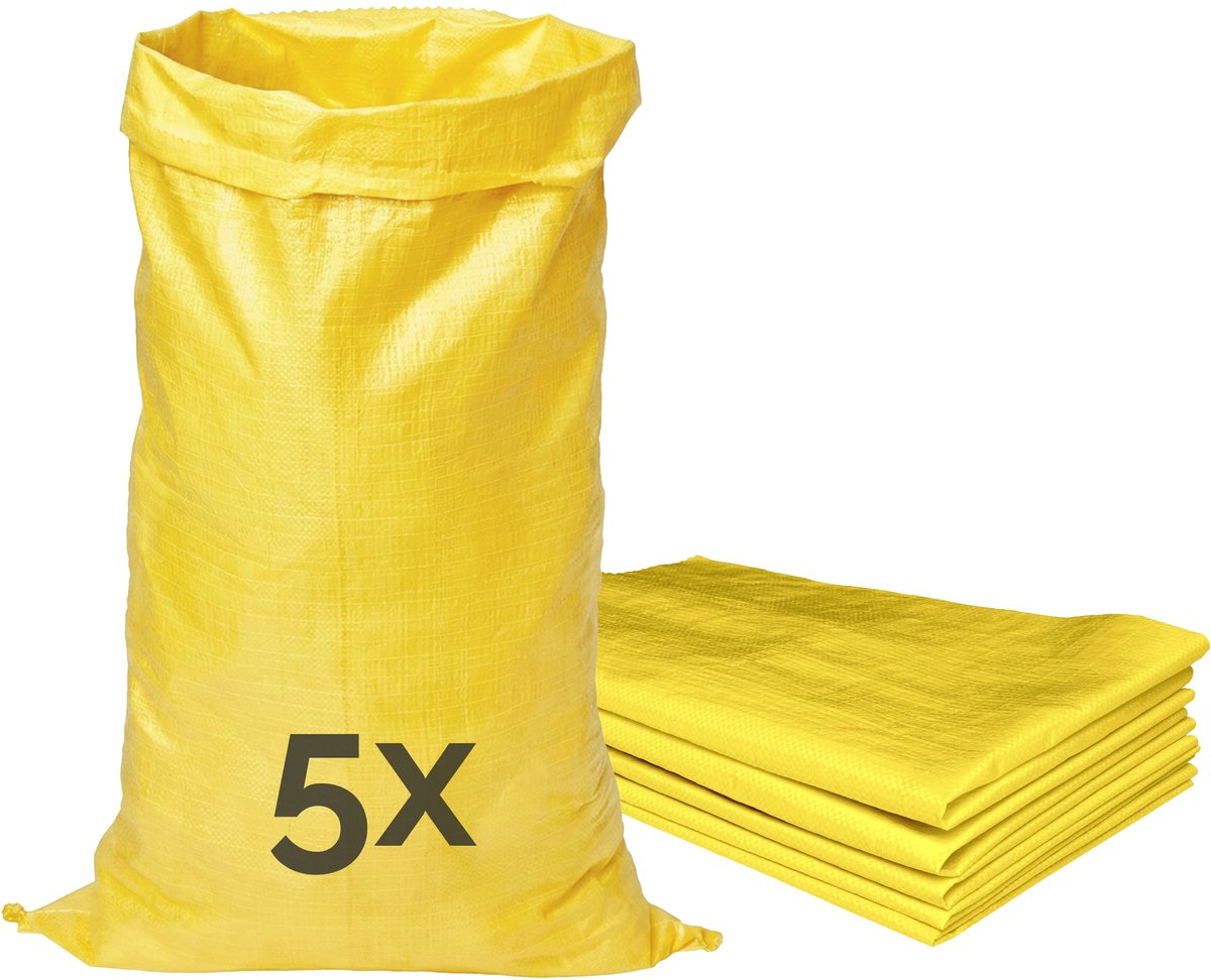 Garronda - Polypropyleen Zak Geel - 105 x 65 cm – 5 Stuks – Tuinafvalzak - Geweven Zakken van PP - Voor zand en opslag – Scheurvast - Belastbaar tot 50 kg – Veelzijdig inzetbaar – Zandzakken – Tuinzak – Hoogwaterbescherming – GD-ROM-Bag80
