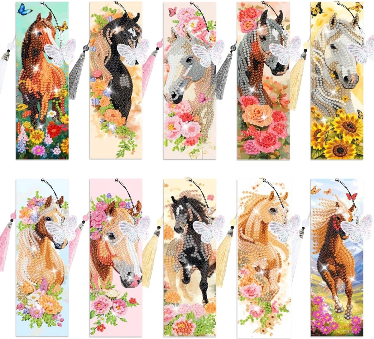 Creatieve Diamant Schilderen Boekenleggers - 10 Stuks met Paard Motief en 20 Hangertjes voor Kinderen, Perfect voor Paardenliefhebbers en Hobbyisten
