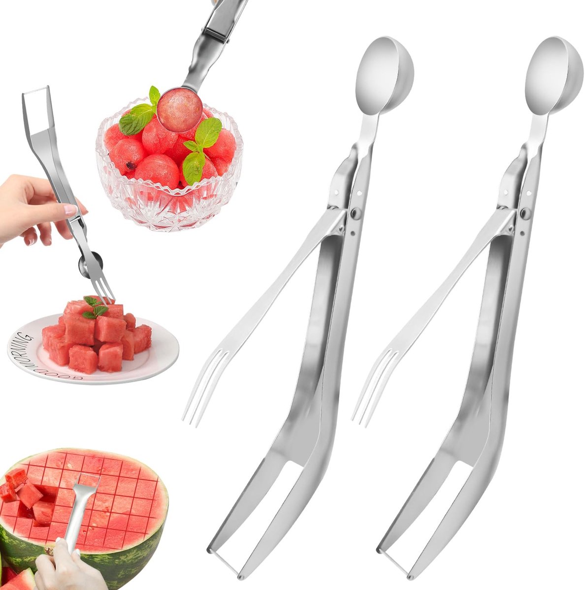 SMOAKEZ- Watermeloen Vorksnijder 2-in-1 - Snijgereedschap - Fruitvork - Dubbele Kop - Roestvrij Staal - 25 x 3,3 cm - Fruit Snijder