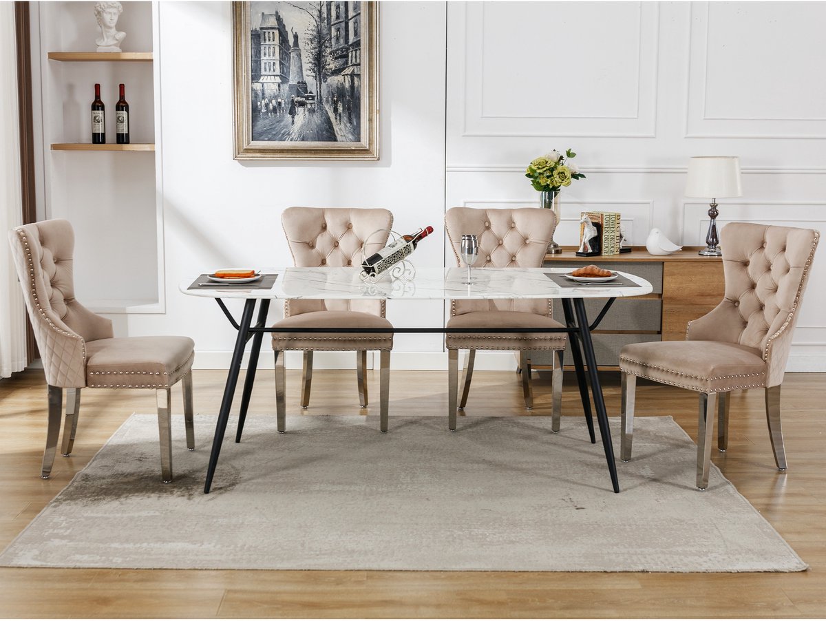 Clruro Eetkamerstoel - Set Van 4 - Polsterstoel Met Rugleuning Deurklopper Design Nagelkop - Keuken Woonkamer - Fluweel Metaal - Beige