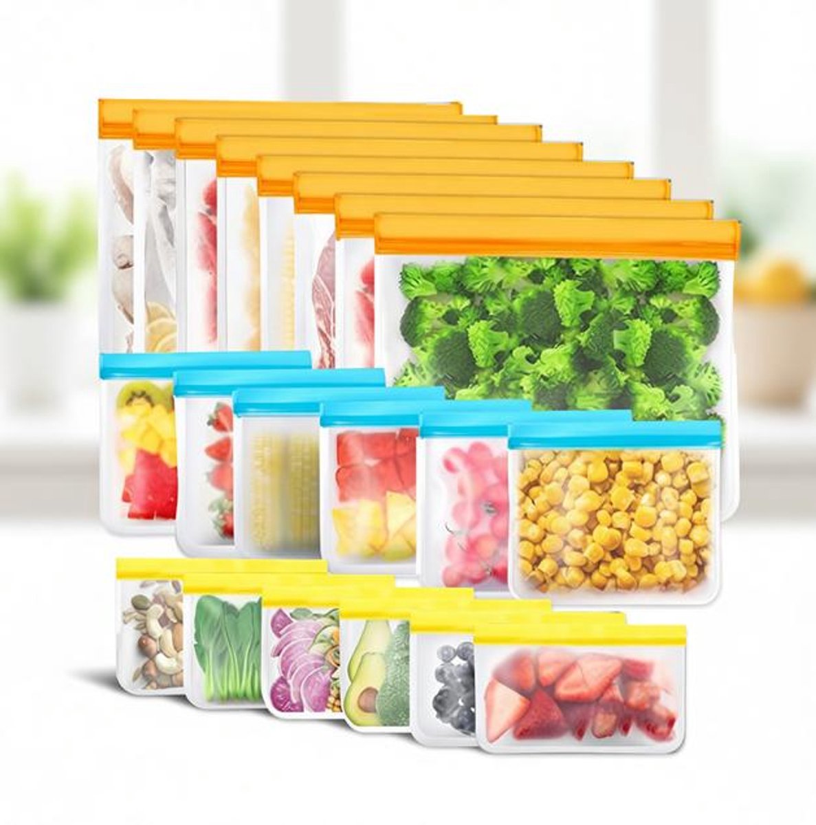 ElleMooi Set van 20 Herbruikbare Opbergzakken - BPA-Vrije Vrieszakken - Siliconen Voedselzakken - Lekvrije Waterdichte Diepvrieszakken voor Lunch, Reizen, Sieraden - Wasbaar en Dichtsluitend