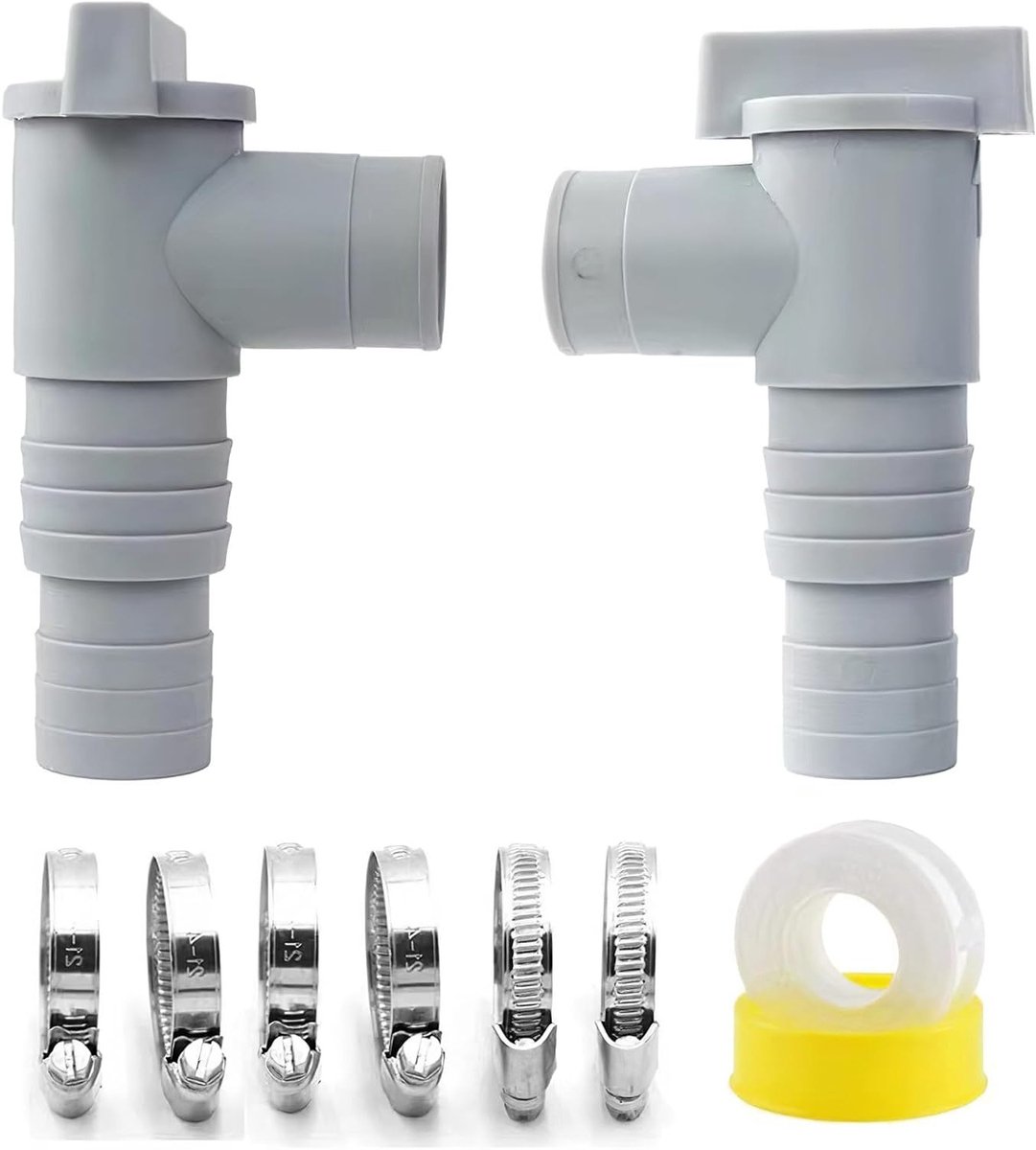 Set van 2 Afsluitkranen voor Zwembad met 32 mm Slangaansluiting, Inclusief Slangconnector en 6 Slangklemmen voor PVC Buizen en Zwembadpomp