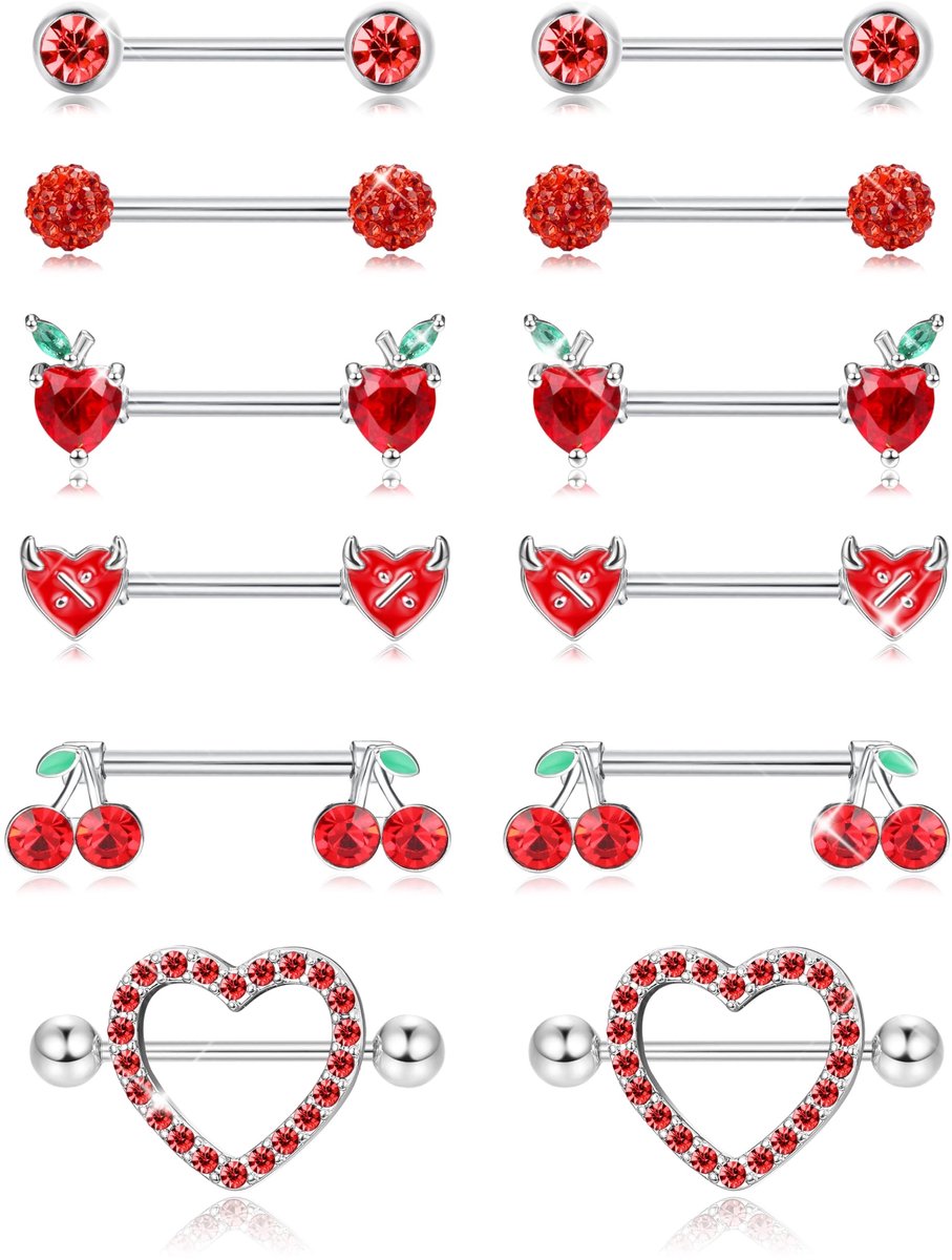 Dailygoods- Tepelringen Set 6 Paar - 14G Roestvrij Staal - Hart/Appel/Kers/Duivel/Bal - Lichtgewicht/Duurzaam - AAA+ CZ Inleg - Tepelpiercings