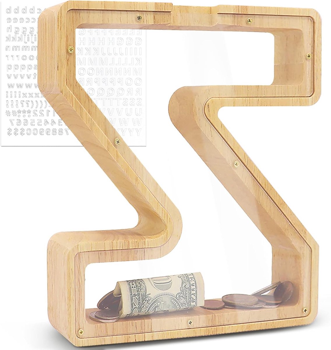 Grote Houten Spaarpot met Letters, Aanpasbaar en Transparant, 23 x 4 x 23 cm, Creatieve Spaarpot voor Kinderen, Verjaardagscadeau en Woondecoratie