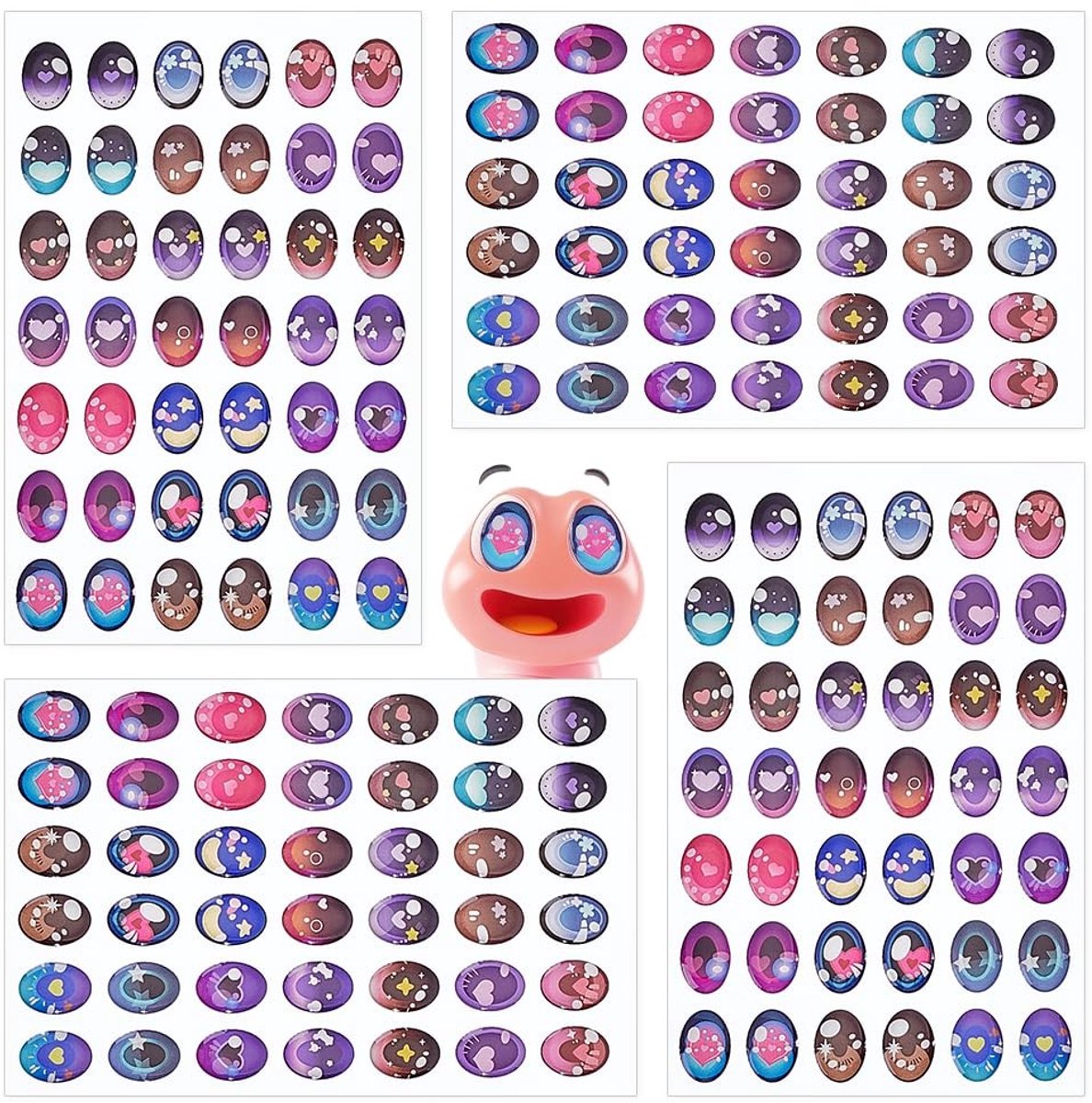 Dailygoods- Oogstickers 42 Stuks - Decoratieve Ogen - Ovale Stickers - DIY Poppen - Epoxy Plastic - 4 Vellen - Poppenogen