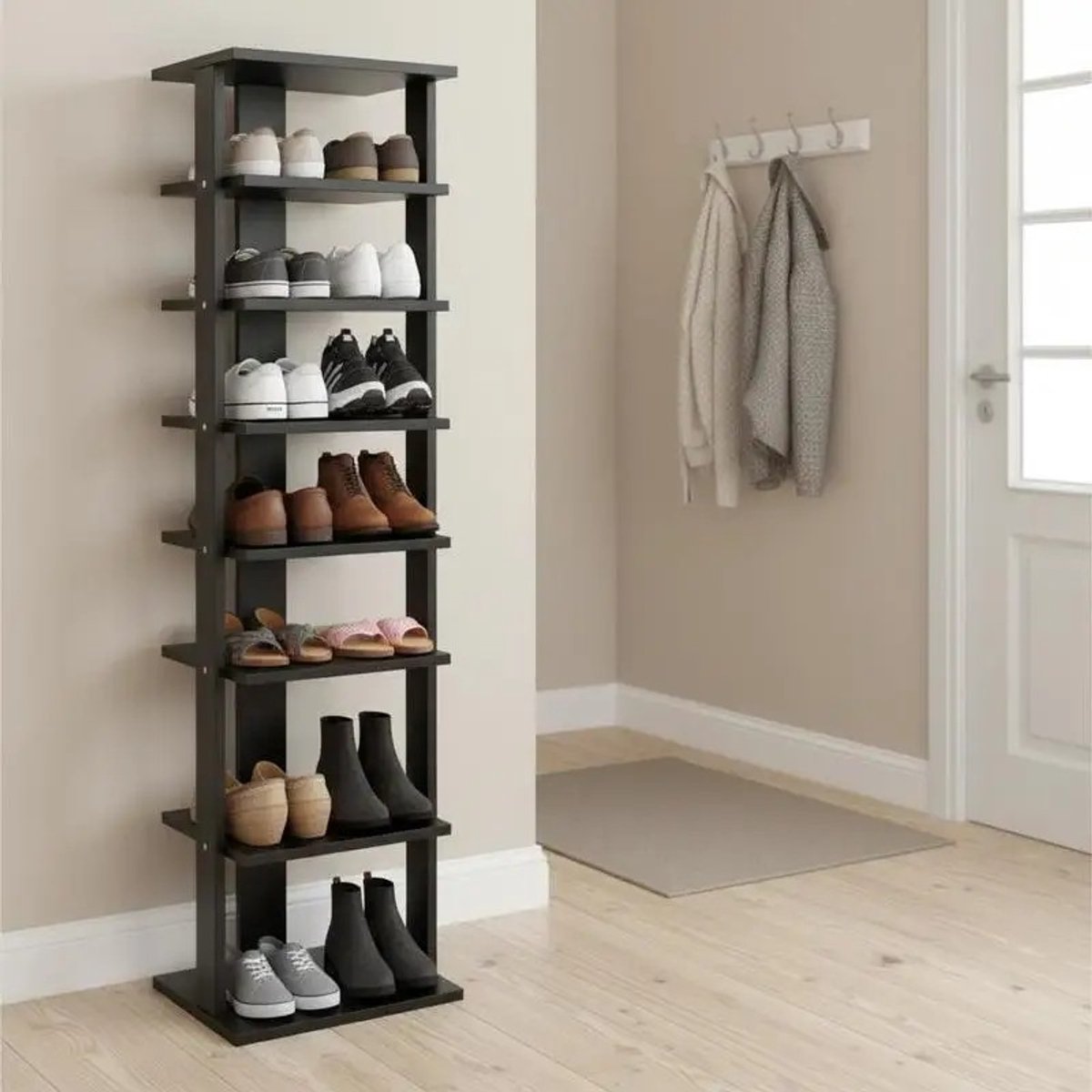 Dailygoods Houten schoenenrek 8-laags schoenenopberger verticaal 27,5x26,5x110cm zwart