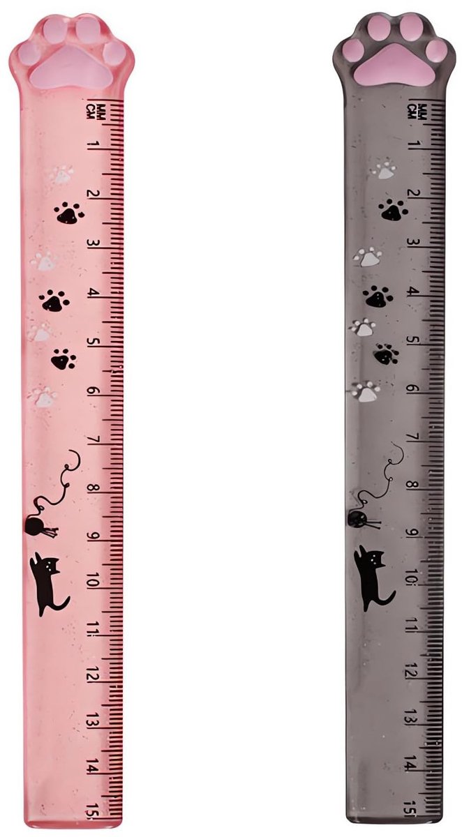 Dailygoods- Plastic Liniaal 15 cm - Set van 2 - Meetinstrument voor School - Kattenpoot Design - Creatief en Uniek - Hoogwaardige Kunststof - Meetlat