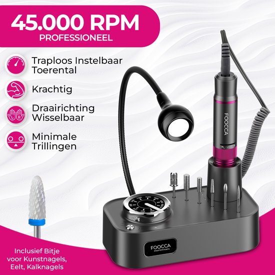FOOCCA® Elektrische Nagelvijl - Nagelfrees 45000 RPM - Desktop Pro - LED Verlichting - 12 Bitjes + 65 Schuurrolletjes + 2 Accessoires - Nagelstofkap - Manicure en Pedicure Set - Eeltverwijderaar - Kalknagels