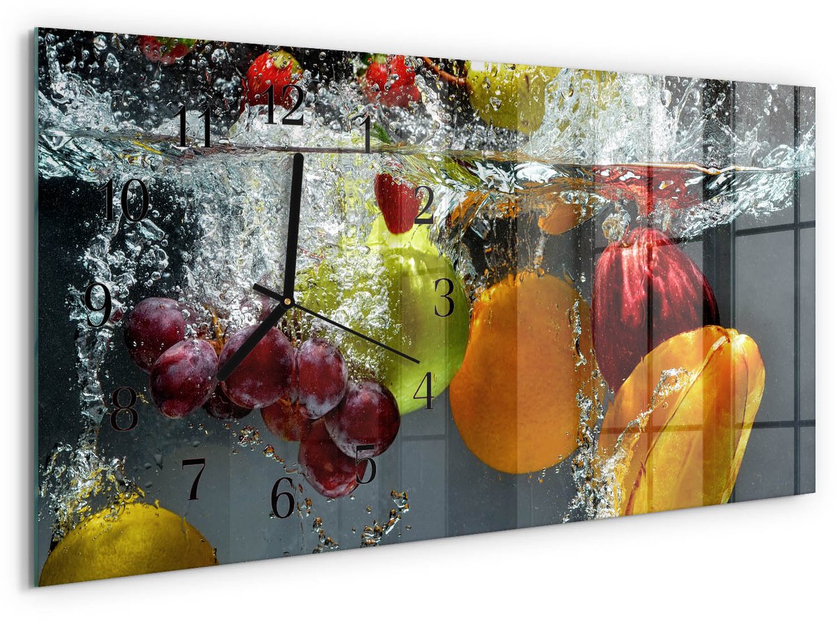 TULUP Wandklok - Fruit Glazen Wandklok Design - 60x30 cm - Veelkleurig Klok Glas Met Opdruk - Zwarte Handen - Rechthoekige Wandklok - Glazen Wandklok Design - Klok Glas Met Opdruk Veelkleurig - Fruit