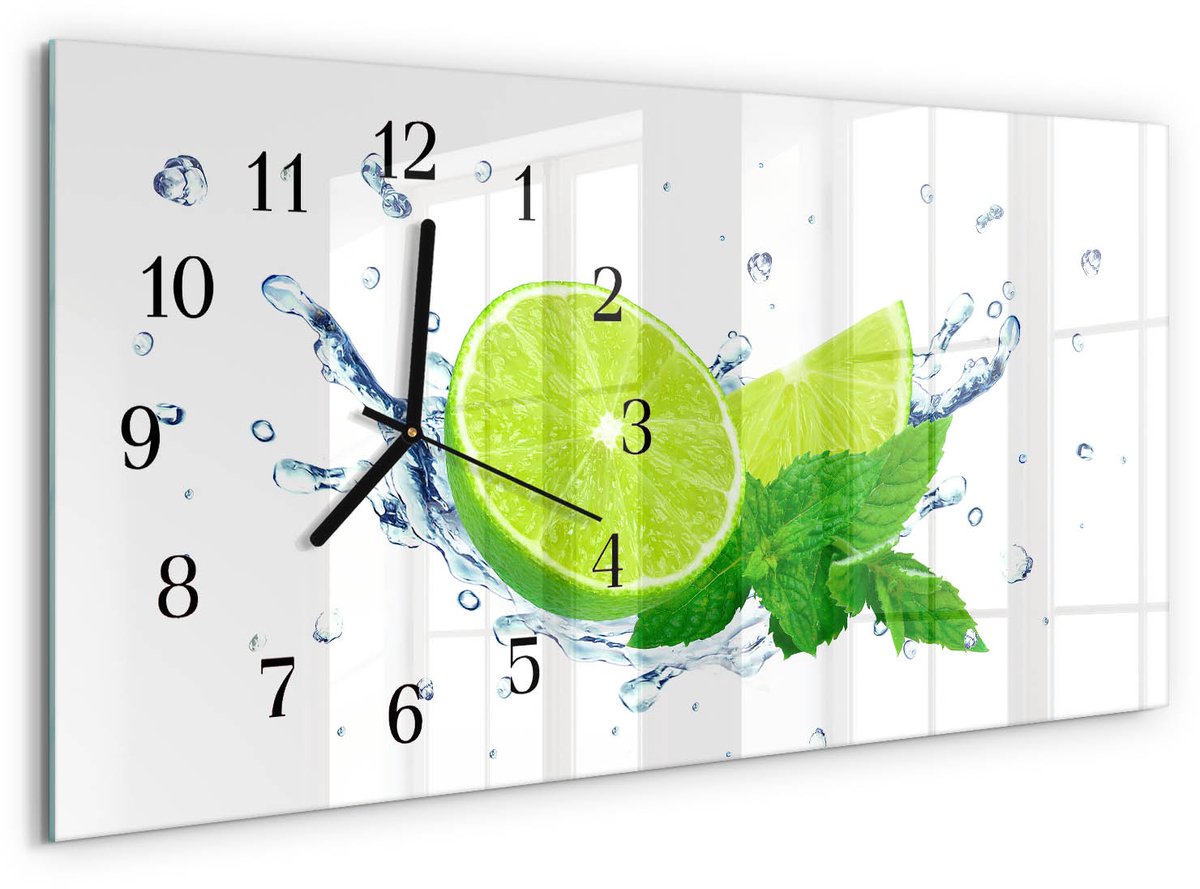 TULUP Wandklok - Citroenmunt Wandklok Glas Decoratie - 60x30 cm - Groente Gekleurde Glazen Klok - Zwarte Handen - Rechthoekige Wandklok - Gekleurde Glazen Klok - Glazen Klok Met Print Groente - Citroenmunt