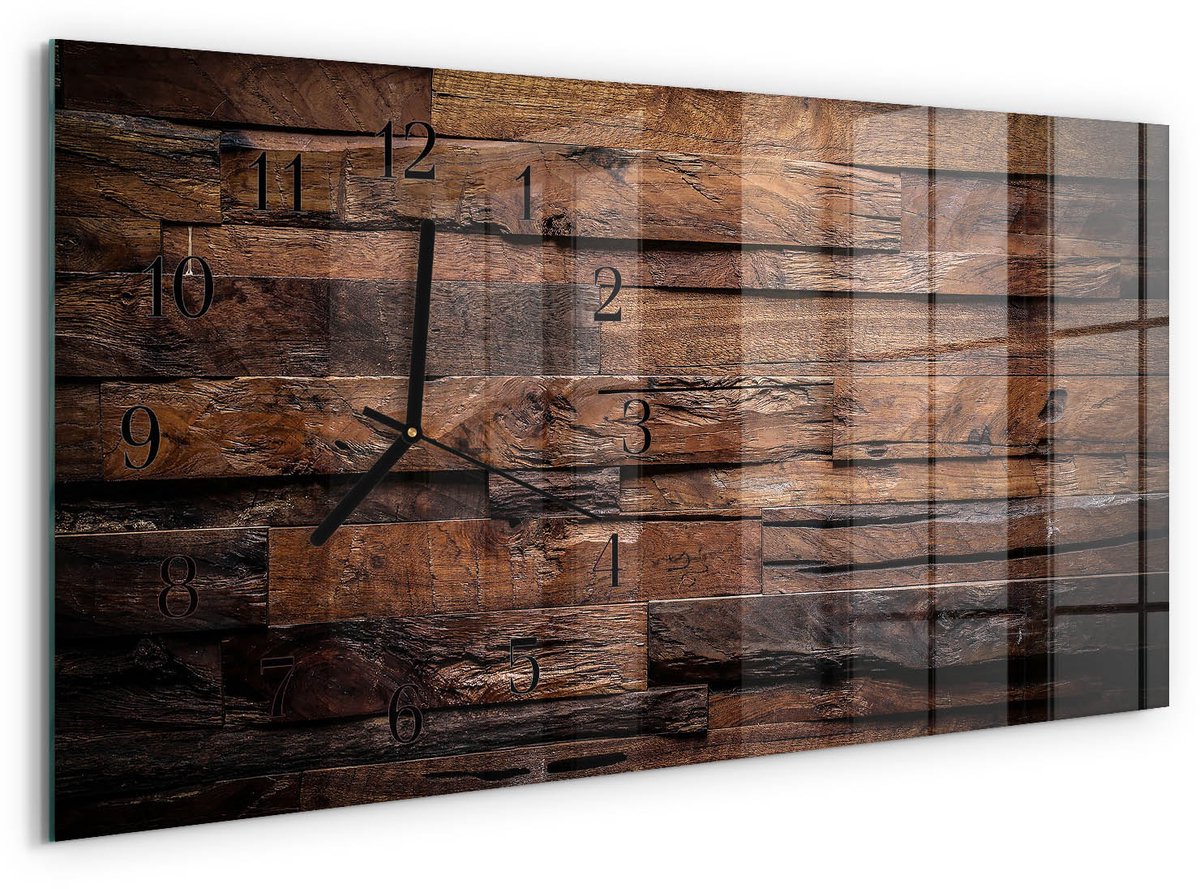 TULUP Wandklok - Hout Moderne Glazen Wandklok - 60x30 cm - Bruin Wandklok Glas Met Motief - Zwarte Handen - Rechthoekige Wandklok - Wandklok Glas Decoratie - Gekleurde Glazen Klok Bruin - Hout
