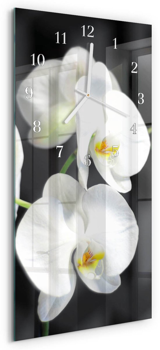 TULUP Wandklok - Orchidee Klok Glas Met Opdruk - 30x60 cm - Veelkleurig Moderne Wandklok Glas - Witte Handen - Rechthoekige Wandklok - Wandklok Glas Decoratie - Gekleurde Glazen Klok Veelkleurig - Orchidee