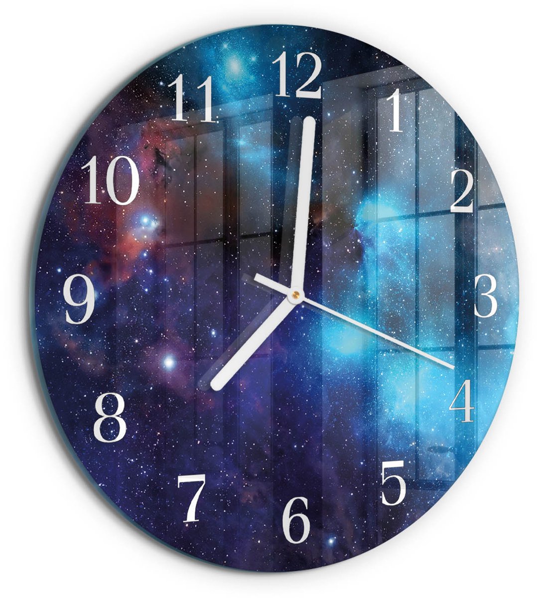 TULUP Wandklok - Sterrenhemel Moderne Wandklok Glas - 30fi cm - Blauw Wandklok Glas Decoratie - Witte Handen - Ronde Wandklok - Glazen Klok Met Print - Wandklok Glas Met Motief Blauw - Sterrenhemel