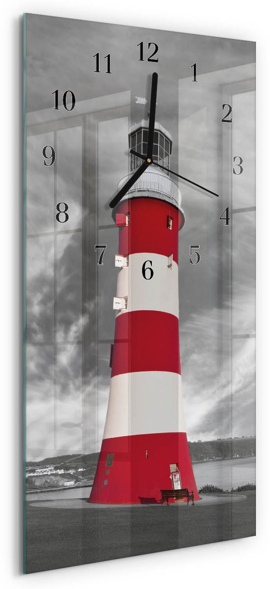 TULUP Wandklok - Vuurtoren Klok Glas Met Opdruk - 30x60 cm - Veelkleurig Moderne Wandklok Glas - Zwarte Handen - Rechthoekige Wandklok - Glazen Klok Met Print - Wandklok Glas Met Motief Veelkleurig - Vuurtoren