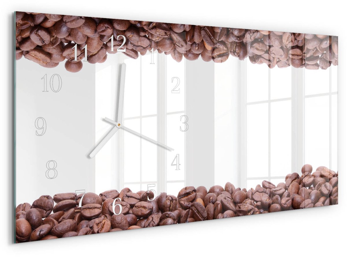 TULUP Wandklok - Koffiebonen Moderne Wandklok Glas - 60x30 cm - Bruin Wandklok Glas Decoratie - Witte Handen - Rechthoekige Wandklok - Gekleurde Glazen Klok - Glazen Klok Met Print Bruin - Koffiebonen