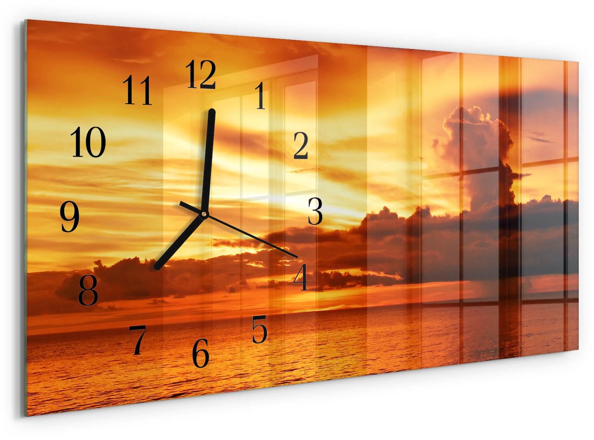 TULUP Wandklok - West Wandklok Glas Decoratie - 60x30 cm - Oranje Gekleurde Glazen Klok - Zwarte Handen - Rechthoekige Wandklok - Moderne Wandklok Glas - Wandklok Glas Decoratie Oranje - West