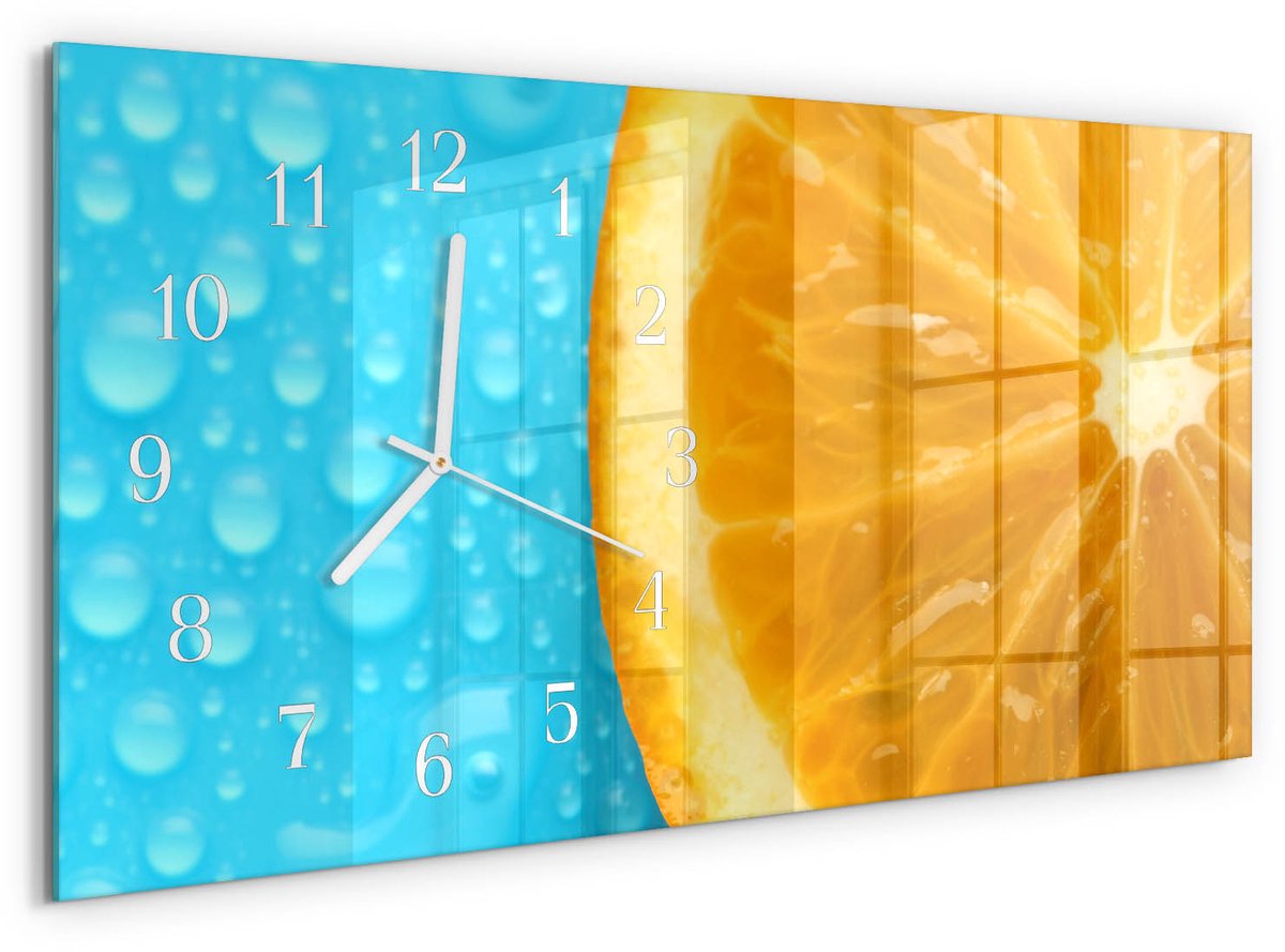 TULUP Wandklok - Oranje Gekleurde Glazen Klok - 60x30 cm - Oranje Glazen Klok Met Print - Witte Handen - Rechthoekige Wandklok - Wandklok Glas Decoratie - Gekleurde Glazen Klok Oranje - Oranje
